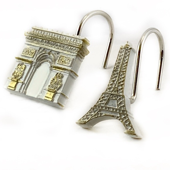 Paris Eiffel Tower Shower Hooks Arc de Triomphe French Resin White Gold 12 PC - Picture 7 of 16
